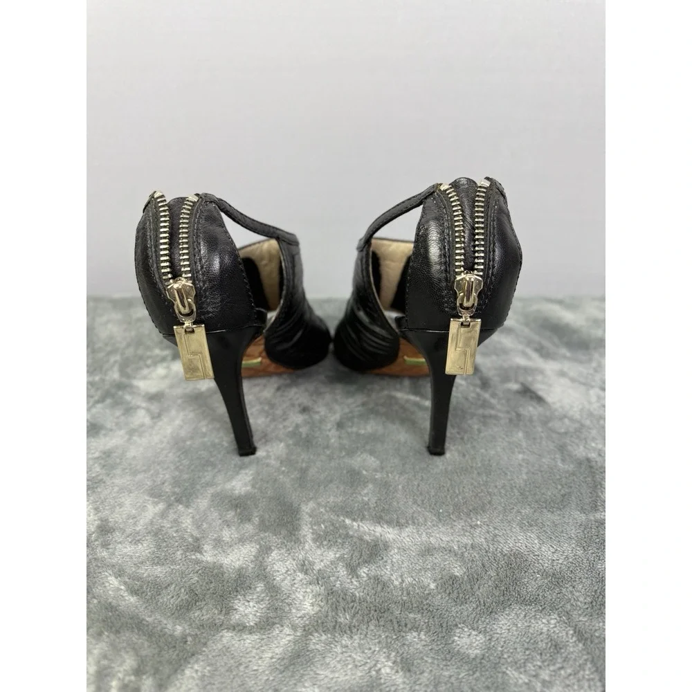 L.A.M.B. Gwen Stefani Black Leather Ankle Strappy‎ Caged Sandals High Heels 5.5